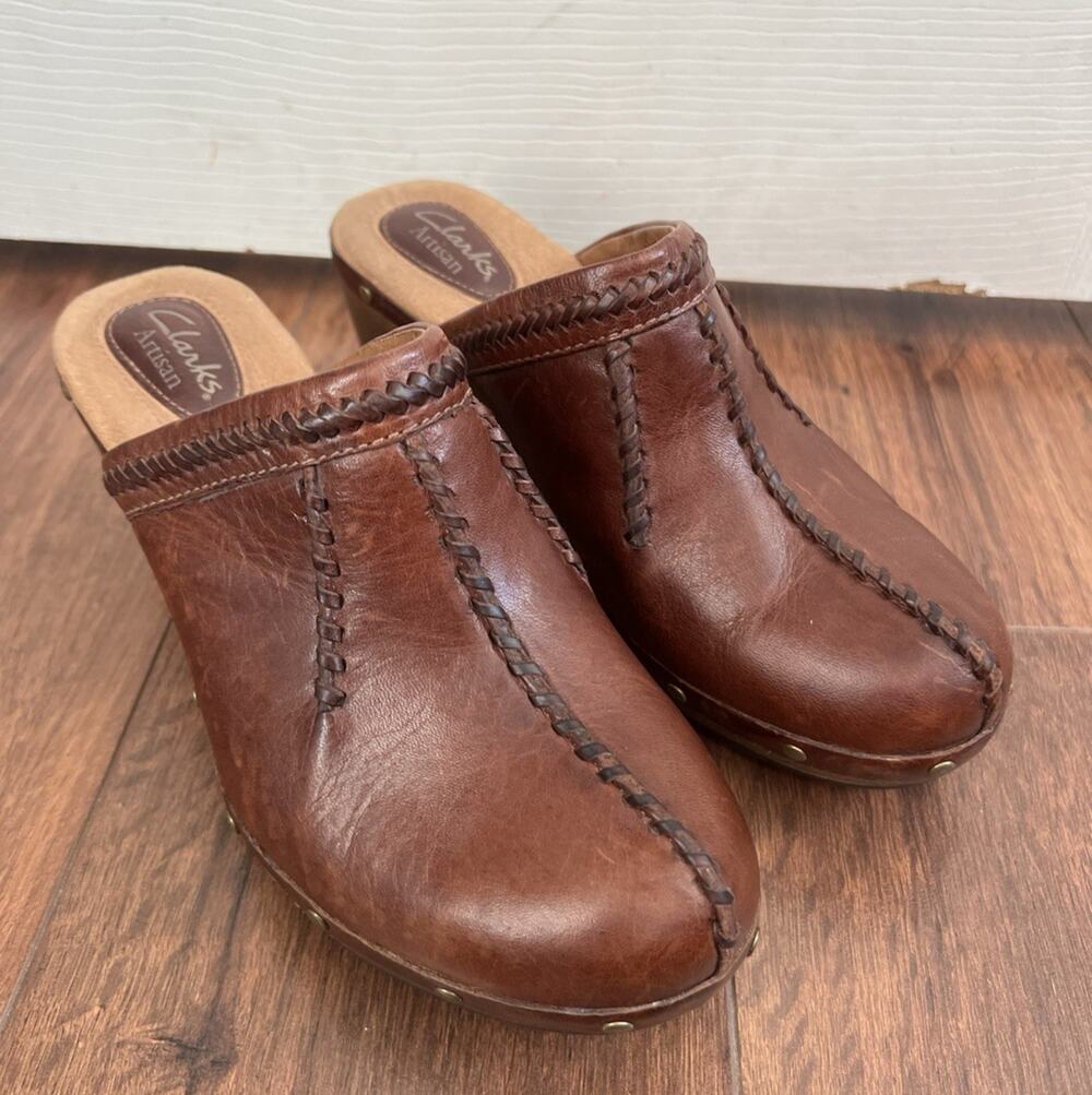 CLARKS Artisan Collection Brown Leather 70s Boho Retro Platform Clogs Sz 7.5M